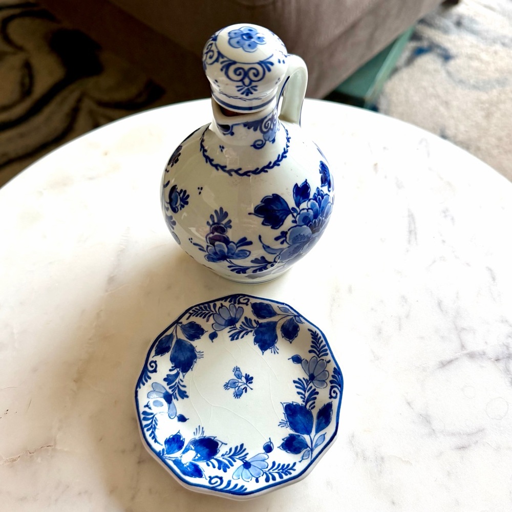 Vintage Delft Blue Jug Pottery Dutch Hand Painted 5”H  and Octagonal platter